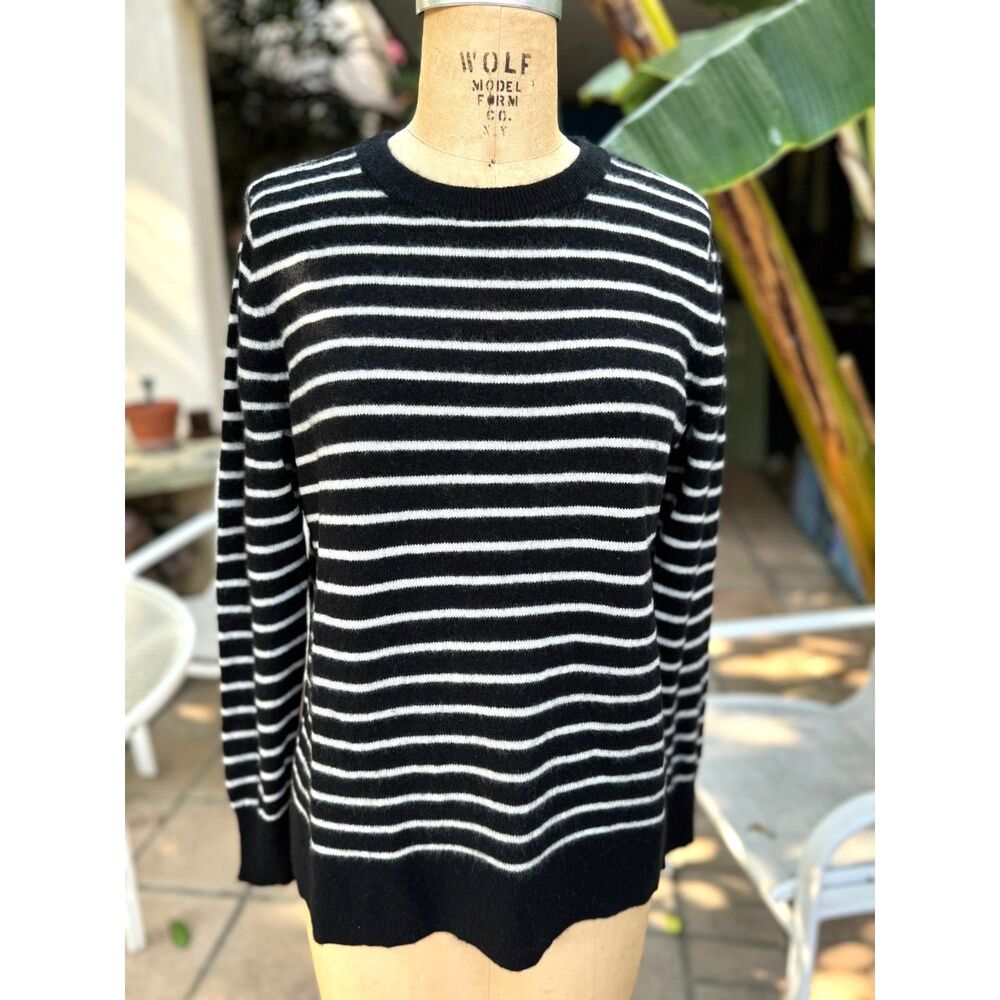 Halogen Josephine B&W Stripe 100% Cashmere Long Sleeve Crew Neck Sweater Size XL